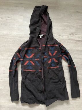 Toad&Co Brown Hooded Cardigan with Orange Blue Geometric Accents Merino Wool Lg